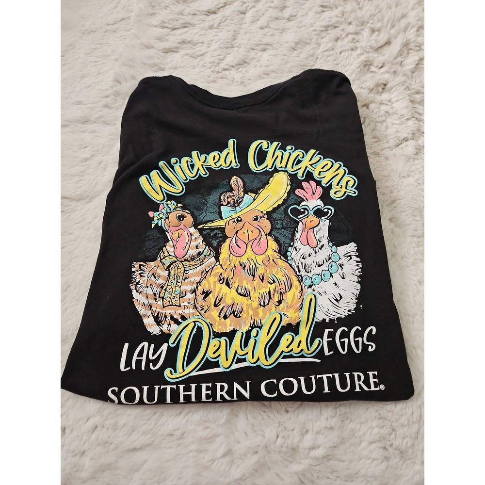 Southern Couture Wicked Chickens Deviled Eggs Graphic T-Shirt Black Size Large